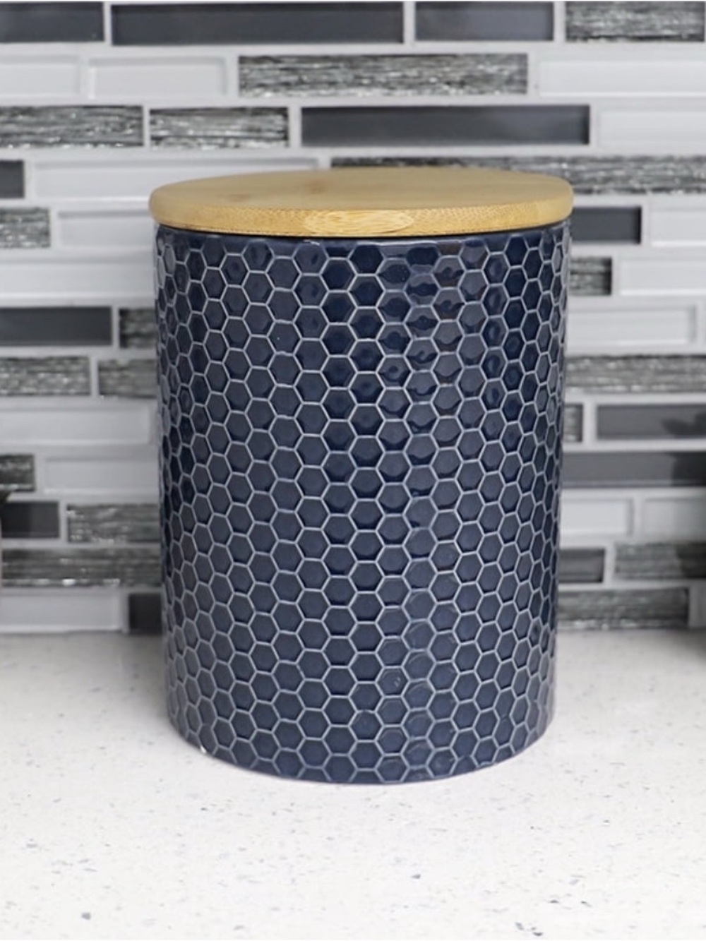 2 Blue Hexagon Ceramic Canister with Bamboo Lid